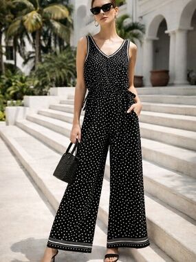 Max Studio Polka Dot Wide Leg Jumpsuit Tie Waist Black White Minimalist Size M